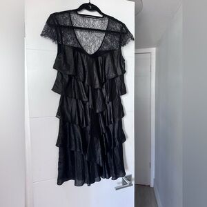 BCBGMaxAzria Metallic Black lace & ruffle dress in size M